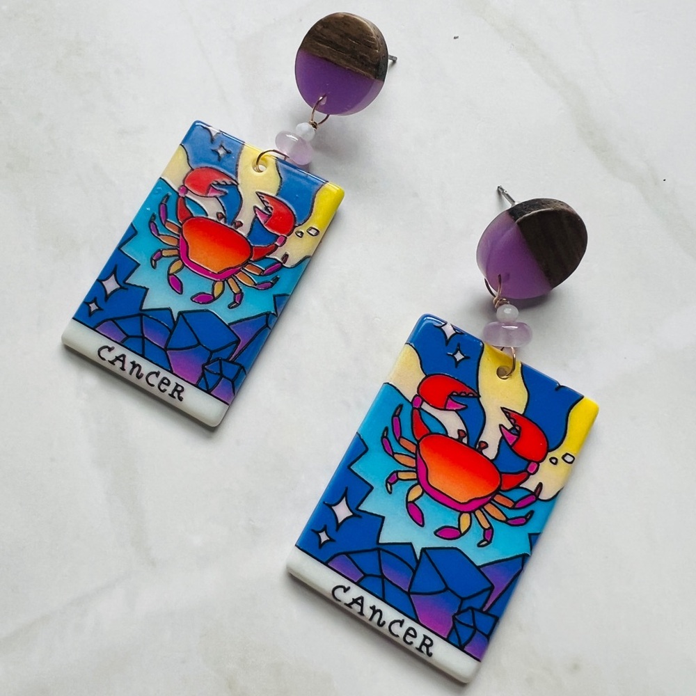 Cancer Zodiac Drop Earrings in Blue and Purple